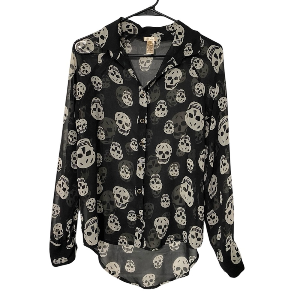 Marisol Skull Print Sheer Long Sleeve Blouse Top